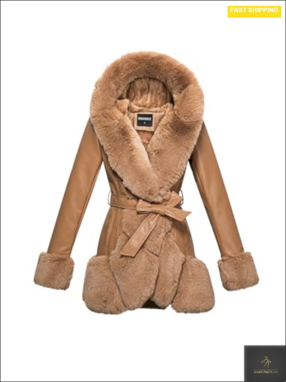 Women's Faux Leather Faux Fur Collar Coat with Hidden Button Front